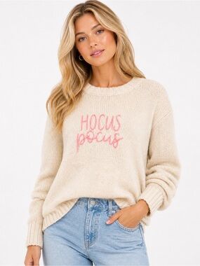 Wooden Ships Size S/M Hocus Pocus Cream Knit Sweater - Pink Script